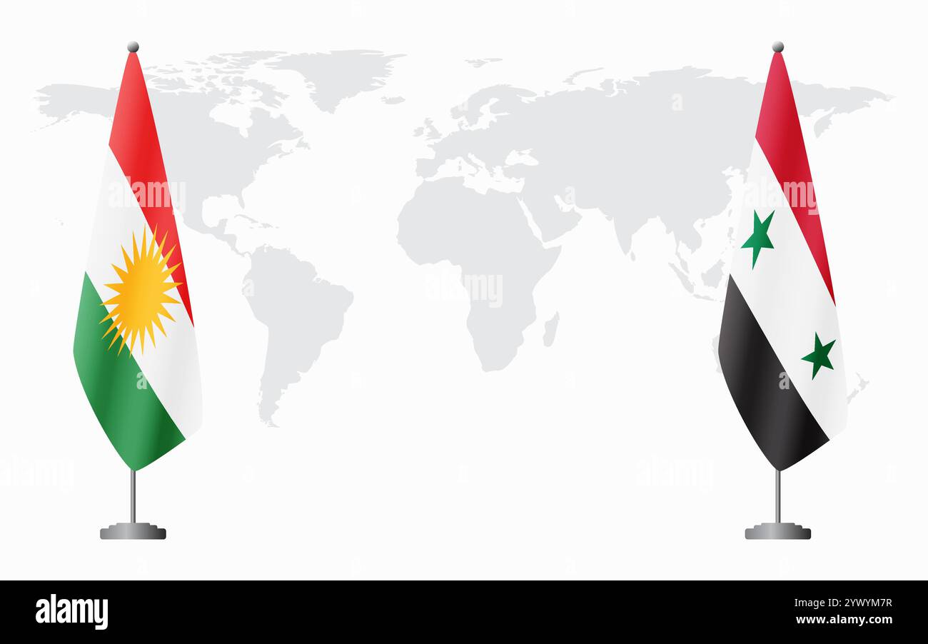 Drapeaux du Kurdistan et de la Syrie pour la réunion officielle sur fond de carte du monde. Illustration de Vecteur