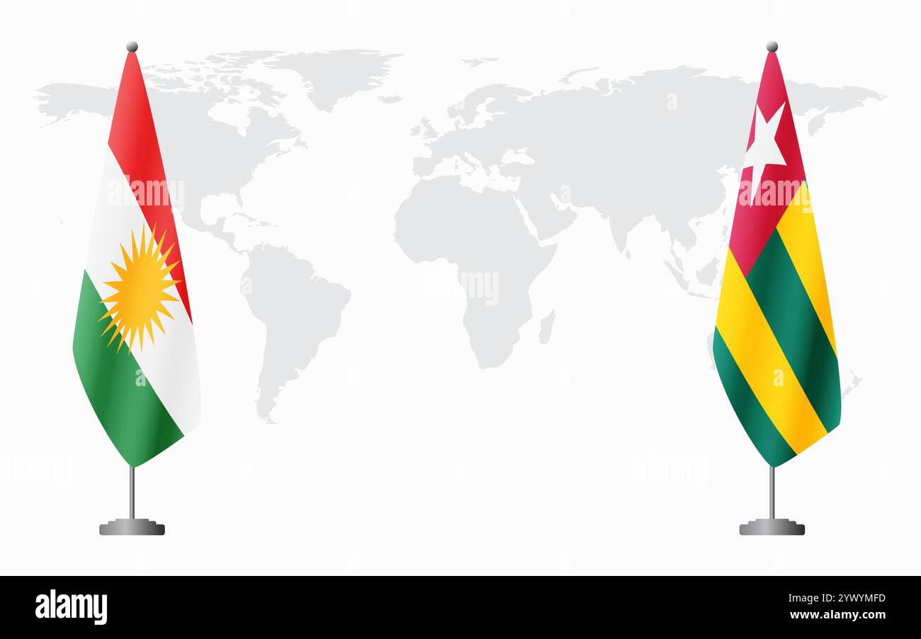 Drapeaux du Kurdistan et du Togo pour la réunion officielle sur fond de carte du monde. Illustration de Vecteur