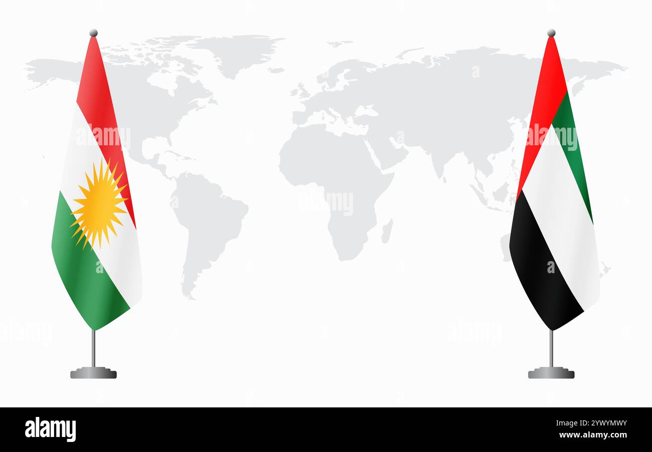 Drapeaux du Kurdistan et des Émirats arabes Unis pour la réunion officielle sur fond de carte du monde. Illustration de Vecteur