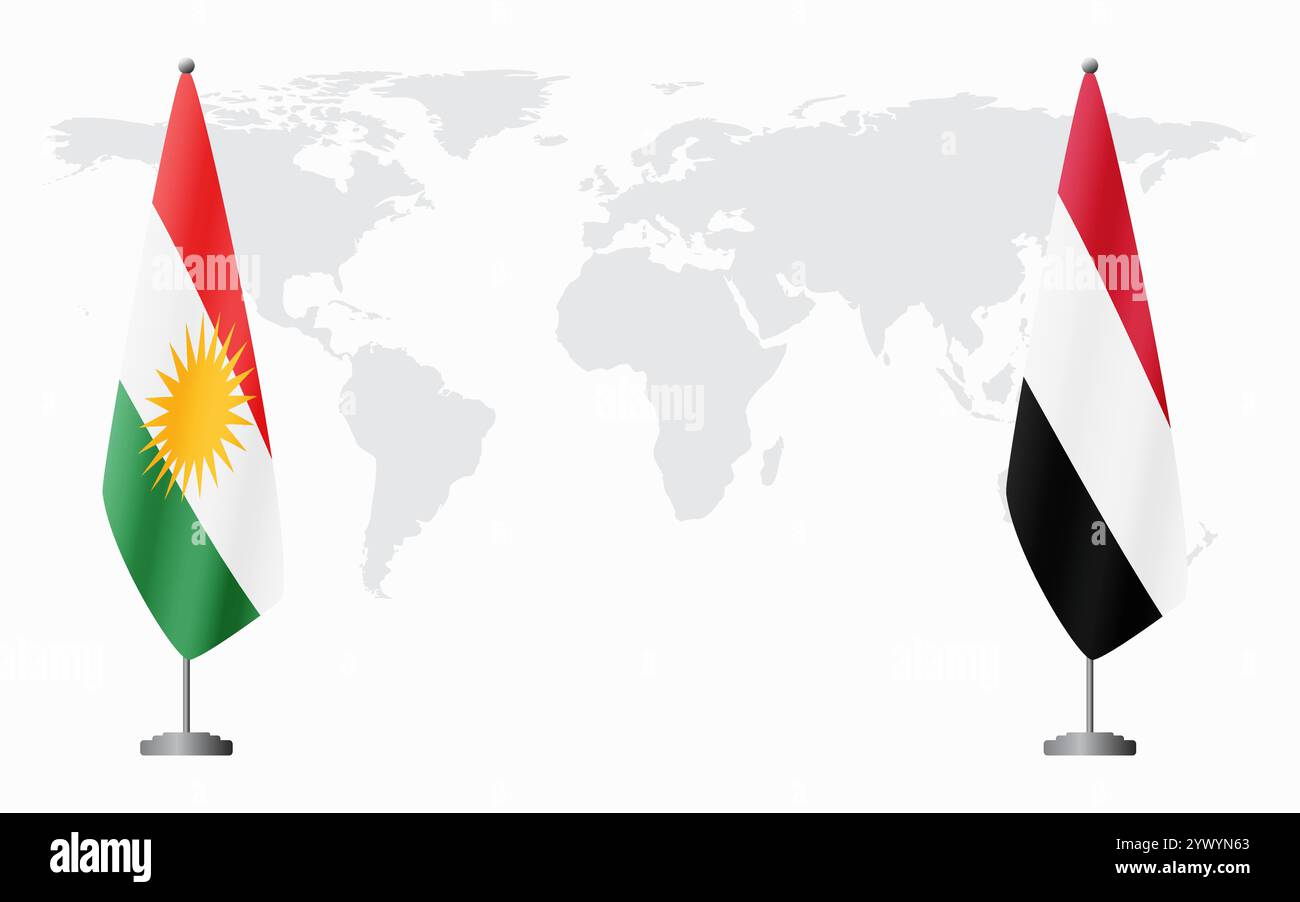 Drapeaux du Kurdistan et du Yémen pour la réunion officielle sur fond de carte du monde. Illustration de Vecteur
