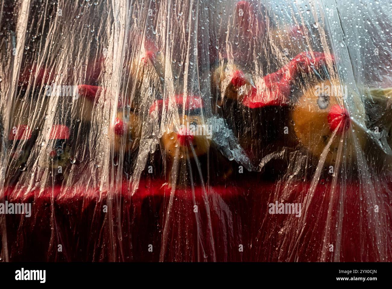 12 décembre 2024, Barcelone, Espagne : une feuille de plastique recouvre un étal vendant le traditionnel Tio de Nadal catalan (journal de Noël) pour le protéger de la pluie au marché de Noël Santa Llucia de Barcelone. Crédit : Jordi Boixareu/Alamy Life News Banque D'Images