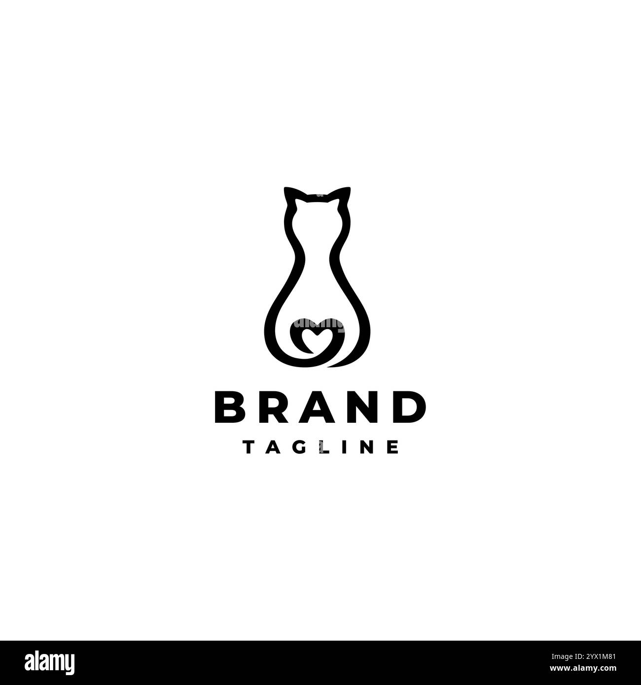 Logo silhouette de chat à queue en forme de coeur. Silhouette d'un chat assis avec un design de logo de queue en forme de cœur. Illustration de Vecteur