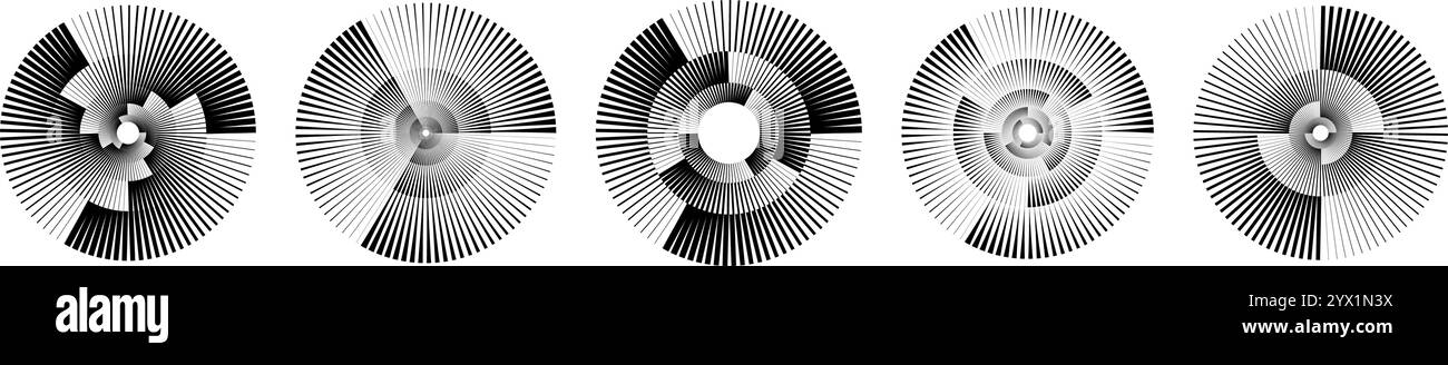 Jeu de motifs spiralés radiaux noirs. Collection de formes circulaires de lignes de vitesse de rotation. Faisceau d'ondes sonores en cercle tournant. Pack d'éléments de forme d'onde de musique abstraite pour icône, badge, logo, étiquette, enregistrer. Vecteur Illustration de Vecteur