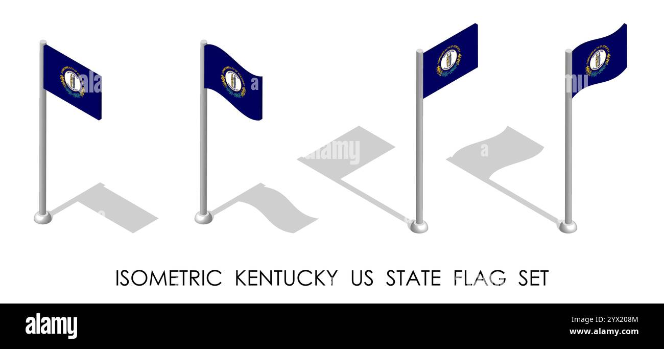 État isométrique des États-Unis du Kentucky en position statique et en mouvement sur le mât du drapeau. Repère d'épingle de la carte du Kentucky. vecteur 3d isolé sur fond blanc Illustration de Vecteur