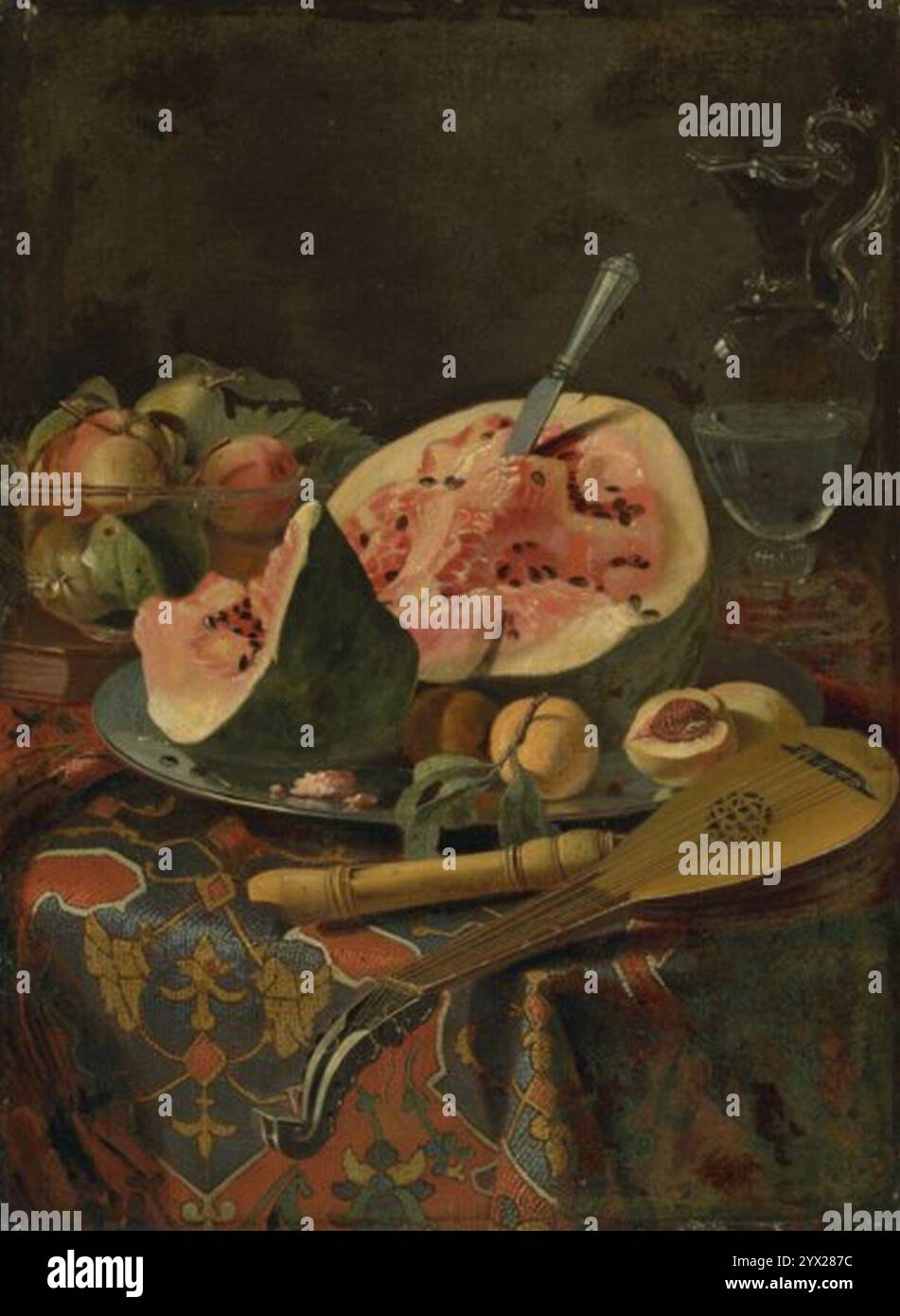 Cristoforo munari une pastèque et d'autres fruits avec instrument de musique. Banque D'Images