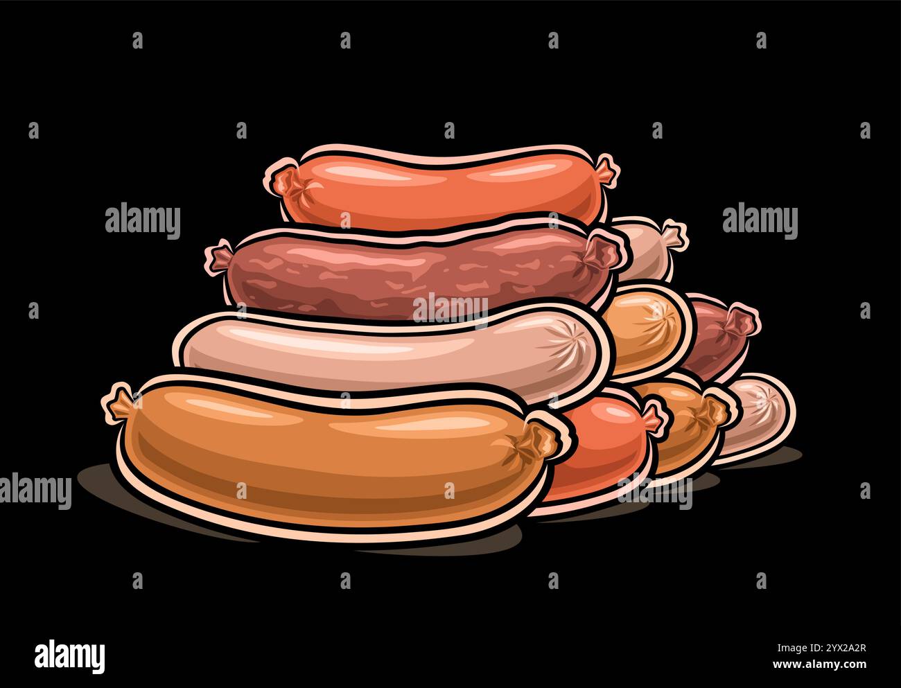 Logo vectoriel pour les saucisses fraîches, affiche horizontale avec la composition de saucisse naturelle cuite de dessin animé, panneau de signe décoratif avec des saucisses organiques Illustration de Vecteur