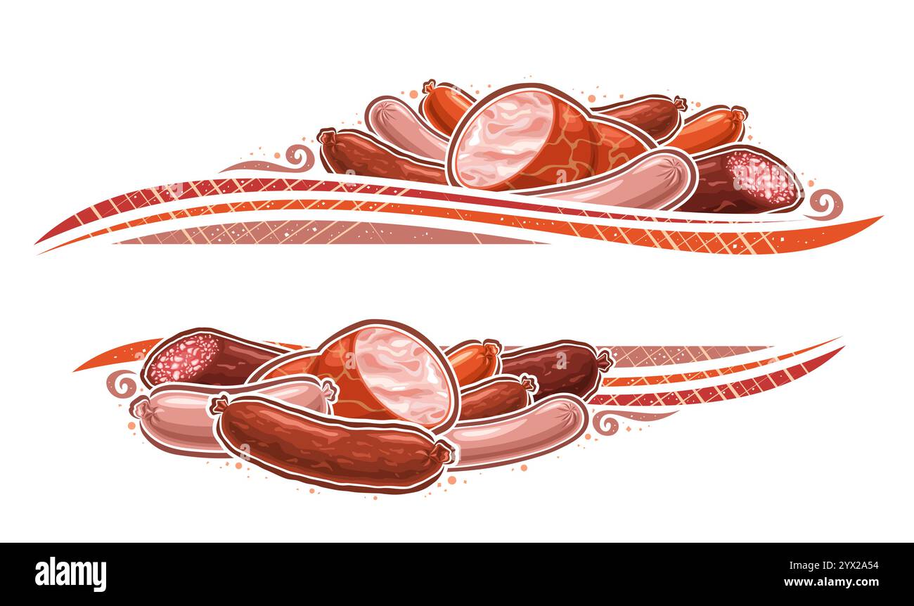 Bordure de saucisse vectorielle avec espace de copie vide pour le texte de l'annonce, cadre horizontal avec composition de saucisse bouillie avec copyspace, mise en page vintage avec groupe de Illustration de Vecteur