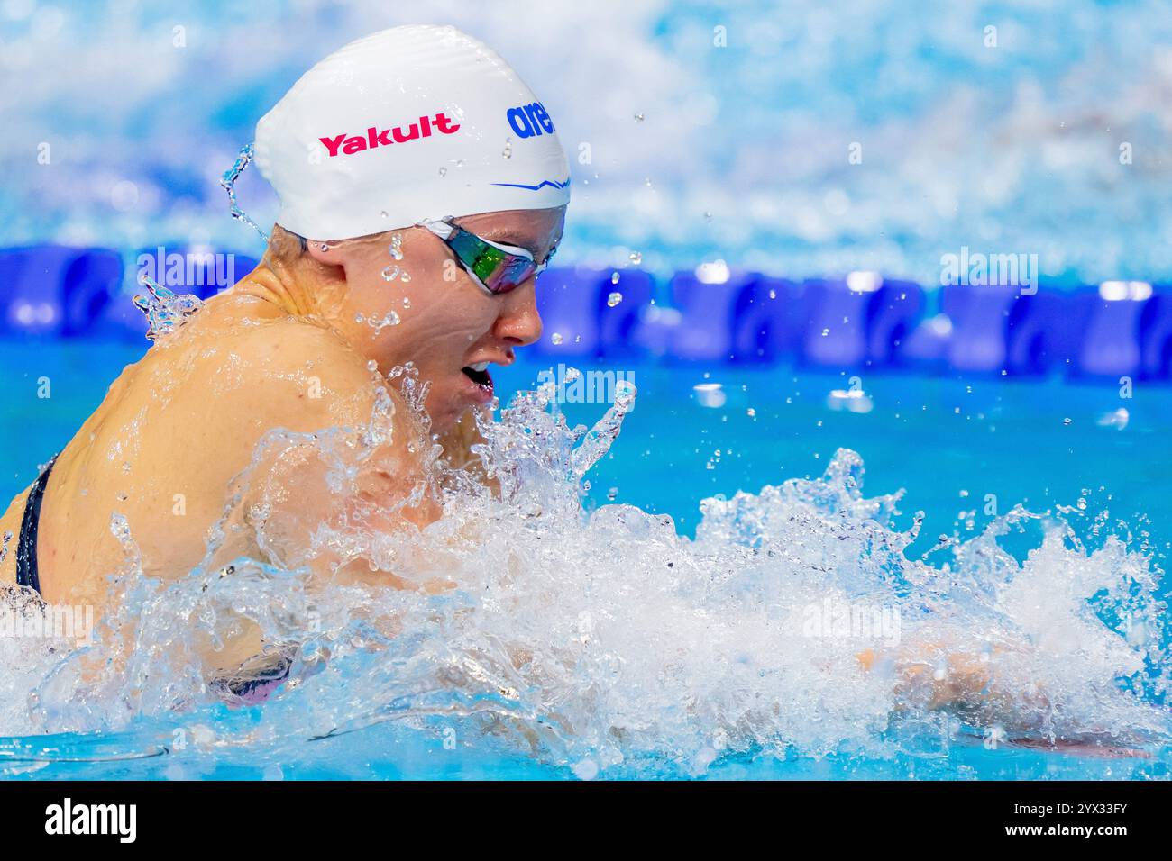 Budapest Ungarn 12.12.2024 : Championnats du monde aquatique court-circuit 25m, finales, 100m Brust, Alina Zmushka, NAA (photo de JoKleindl) Banque D'Images