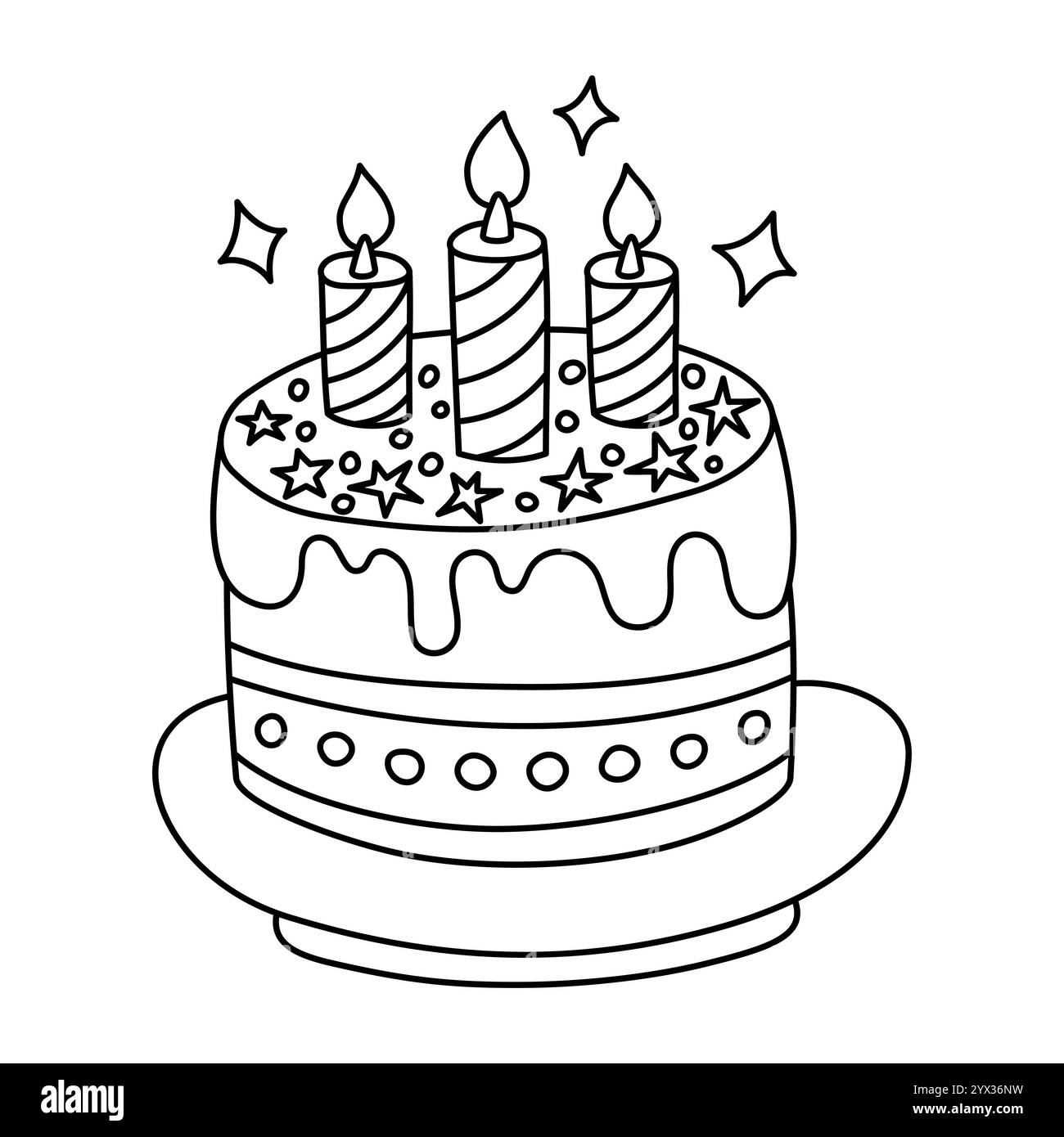 Contour de gâteau d'anniversaire avec bougies. Illustration en noir et blanc d'un gâteau d'anniversaire avec des bougies rayées, du glaçage goutte à goutte et des étoiles décoratives sur un pl Illustration de Vecteur