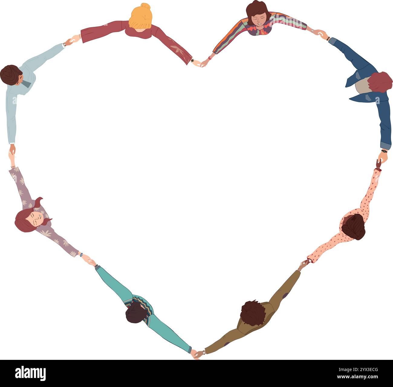 Chaîne d'un groupe de personnes multiculturelles isolées vues d'en haut se tenant la main et formant une forme de coeur. Coopération teamwork.Community.Volunteers Illustration de Vecteur