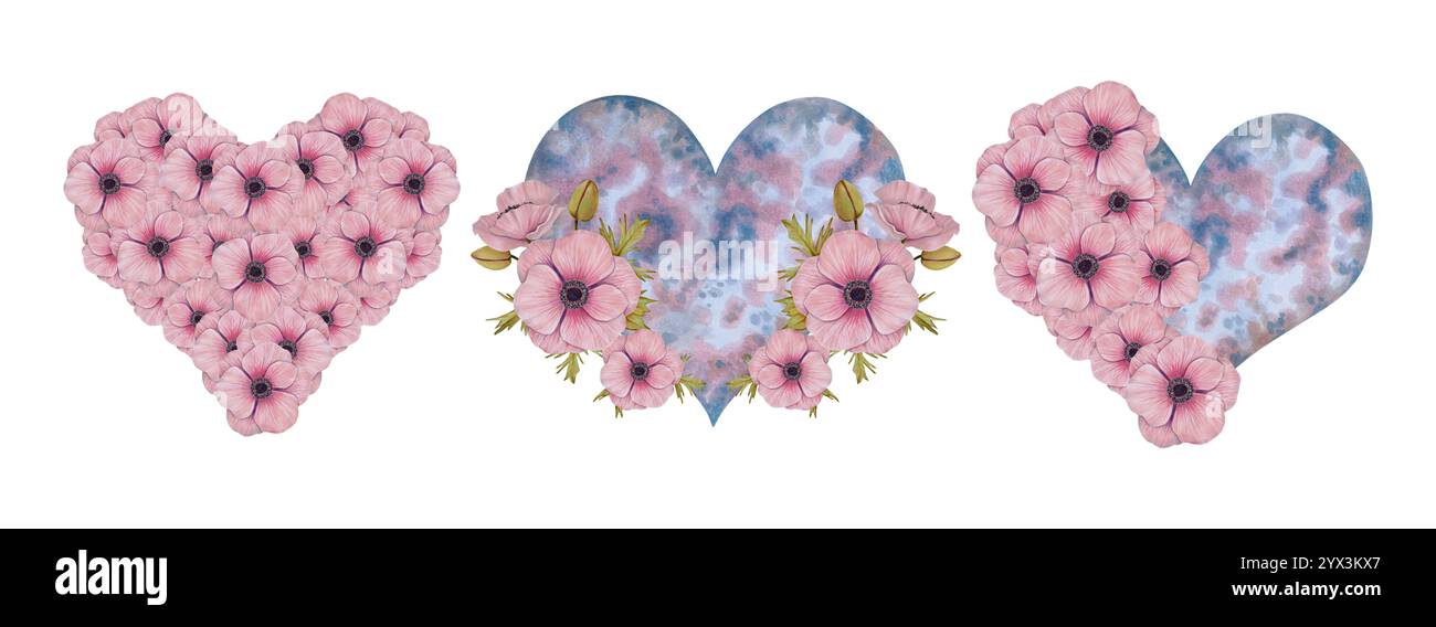 Coeur avec fleur d'anémone rose. Illustration aquarelle et marqueur. Dessiné à la main isolé Élément botanique céleste pour la Saint-Valentin, mère Banque D'Images