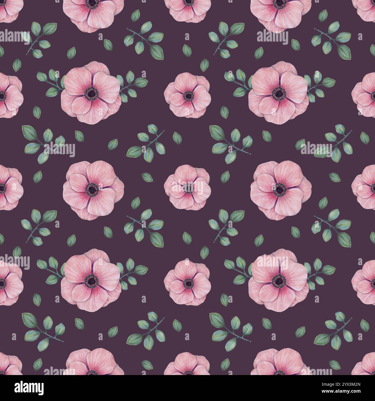 Modèle sans couture avec des fleurs d'anémone. Fond botanique de fleurs roses douces avec des feuilles. Aquarelle, illustration de marqueur. Art isolé dessiné à la main Banque D'Images