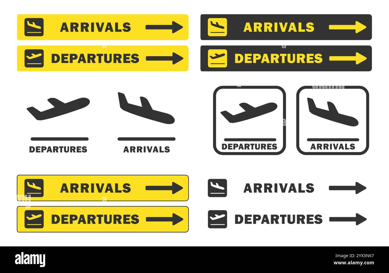 Jeu de symboles d'icône de plan de décollage et d'atterrissage. Arrivées, départs logo du panneau de transport aérien. Image vectorielle d'avion. Illustration du déplacement à plat. Isolé Illustration de Vecteur