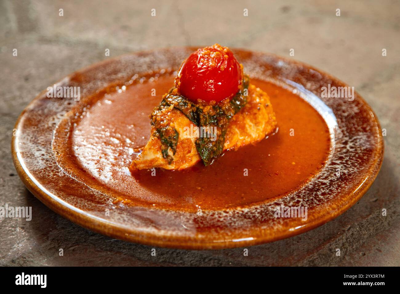 Mole de segueza au poulet est une recette traditionnelle de Oaxaca à base de maïs craqué jaune, pitiona et piment guajillo, entre autres ingrédients. Banque D'Images