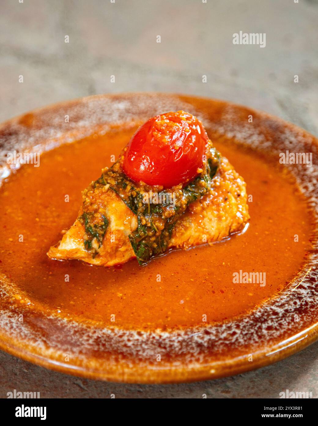 Mole de segueza au poulet est une recette traditionnelle de Oaxaca à base de maïs craqué jaune, pitiona et piment guajillo, entre autres ingrédients. Banque D'Images