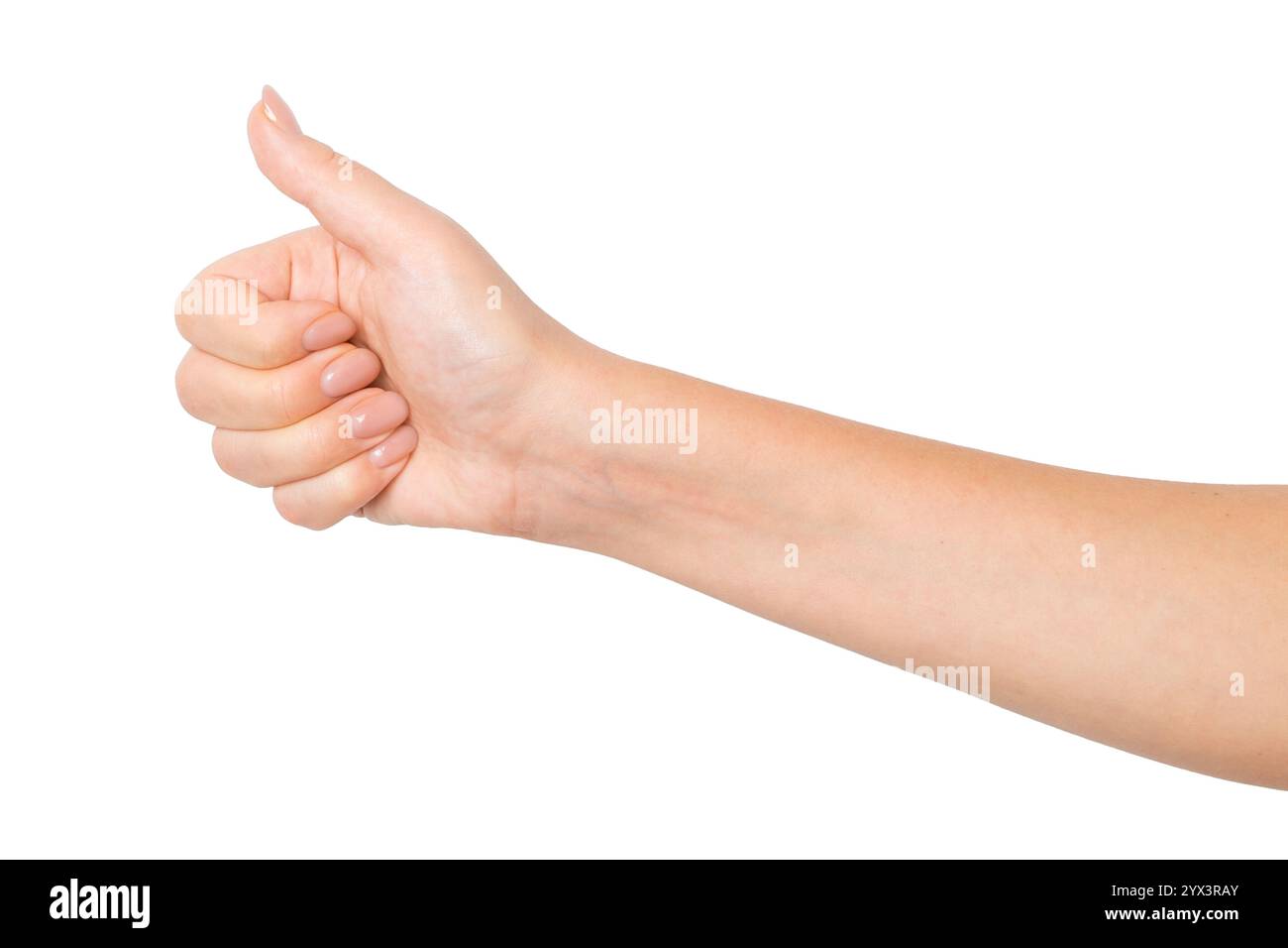 Main montrant un signe pouce vers le haut sur un fond vide. Approbation, rétroaction positive, encouragement. Banque D'Images