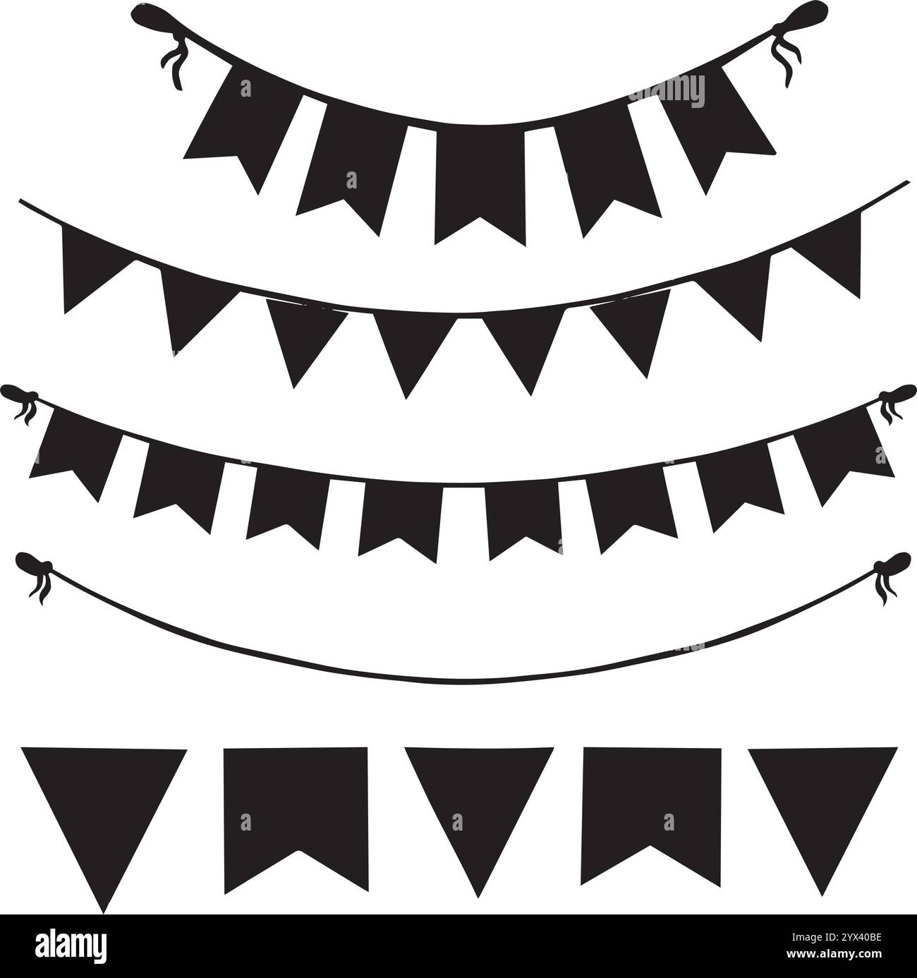 Ensemble de guirlandes de lumières de Noël et fanions sur une corde. Illustration graphique vectorielle. Drapeaux et ampoules suspendus. Collection de backrounds de vacances Illustration de Vecteur