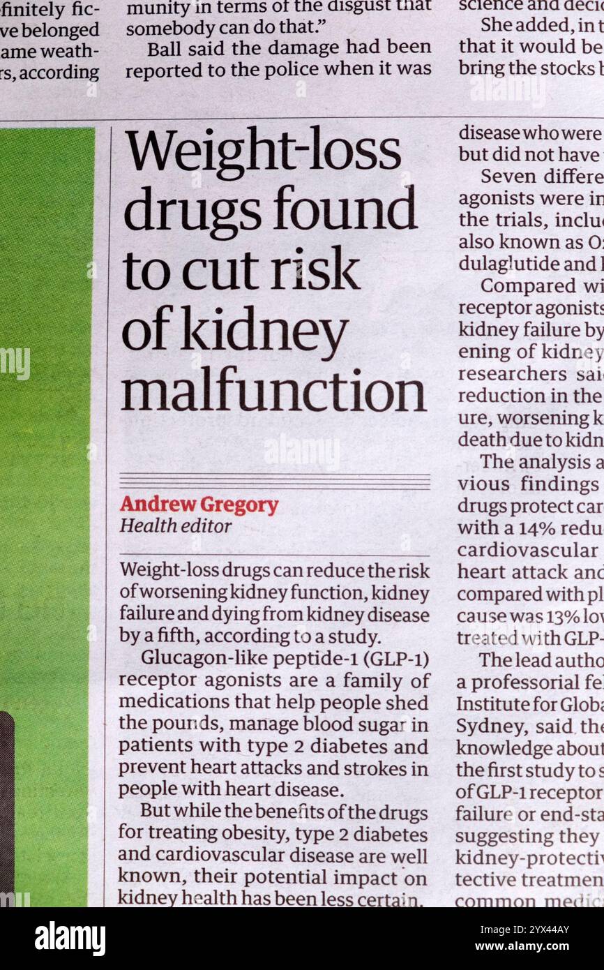 « Médicaments de perte de poids trouvés pour réduire le risque de malfuntion rénale » journal Guardian titre obésité, diabète, maladie cardiaque article de santé 2024 Royaume-Uni Banque D'Images