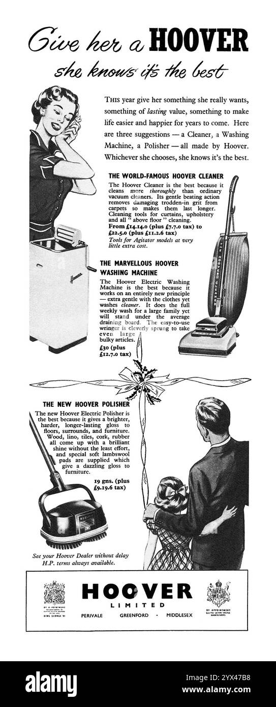 1952 British Hoover aspirateur, lave-linge, polisseuse annonce Banque D'Images