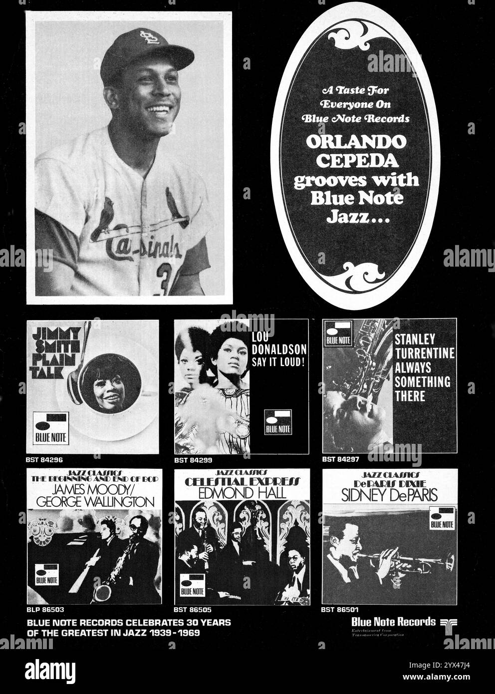 Une annonce publiée dans un magazine de la fin des années 1960 pour Blue Note rapporte un lien entre le baseball et le jazz en citant les groove d'Orlando Cepeda à Blue Note Records. Banque D'Images Une annonce publiée dans un magazine de la fin des années 1960 pour Blue Note rapporte un lien entre le baseball et le jazz en citant les groove d'Orlando Cepeda à Blue Note Records. Banque D'Images