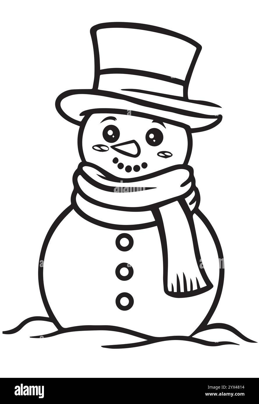 Bonhomme de neige heureux avec chapeau et silencieux. Coloriage d'illustration vectorielle. Bonhomme de neige joyeux. Illustration de Vecteur