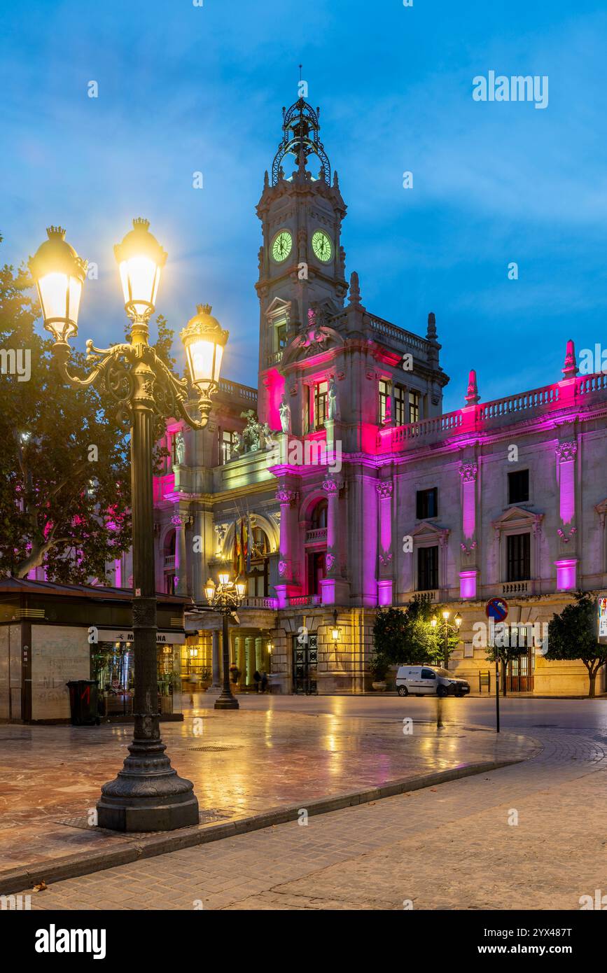 Bâtiment de la mairie, Plaza del Ayuntamiento Square, Valence, Communauté valencienne, Espagne Banque D'Images