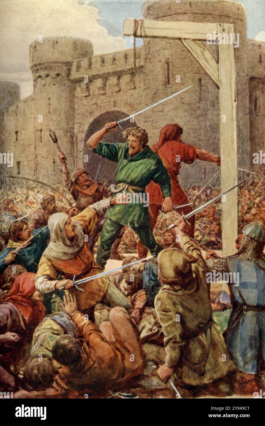 « Back to Back Stand the Dauntless Two », 1932. Robin... apprit que Will Scarlet avait été fait prisonnier, et logé dans un donjon au château de Nottingham. Il a été proclamé que le lendemain, il serait pendu publiquement sur la potence à l'extérieur de la muraille de la ville... à l'heure convenue, les portes du château furent ouvertes et sortirent, gardé de tous les côtés... Robin des bois sortit de derrière un buisson et, poussant vers l'échafaudage, cria : « Will, cher Will, prends congé de moi ». Avant que le shérif et ses varlets puissent interférer, il a coupé les liens du prisonnier, et, arraché un malheur Banque D'Images