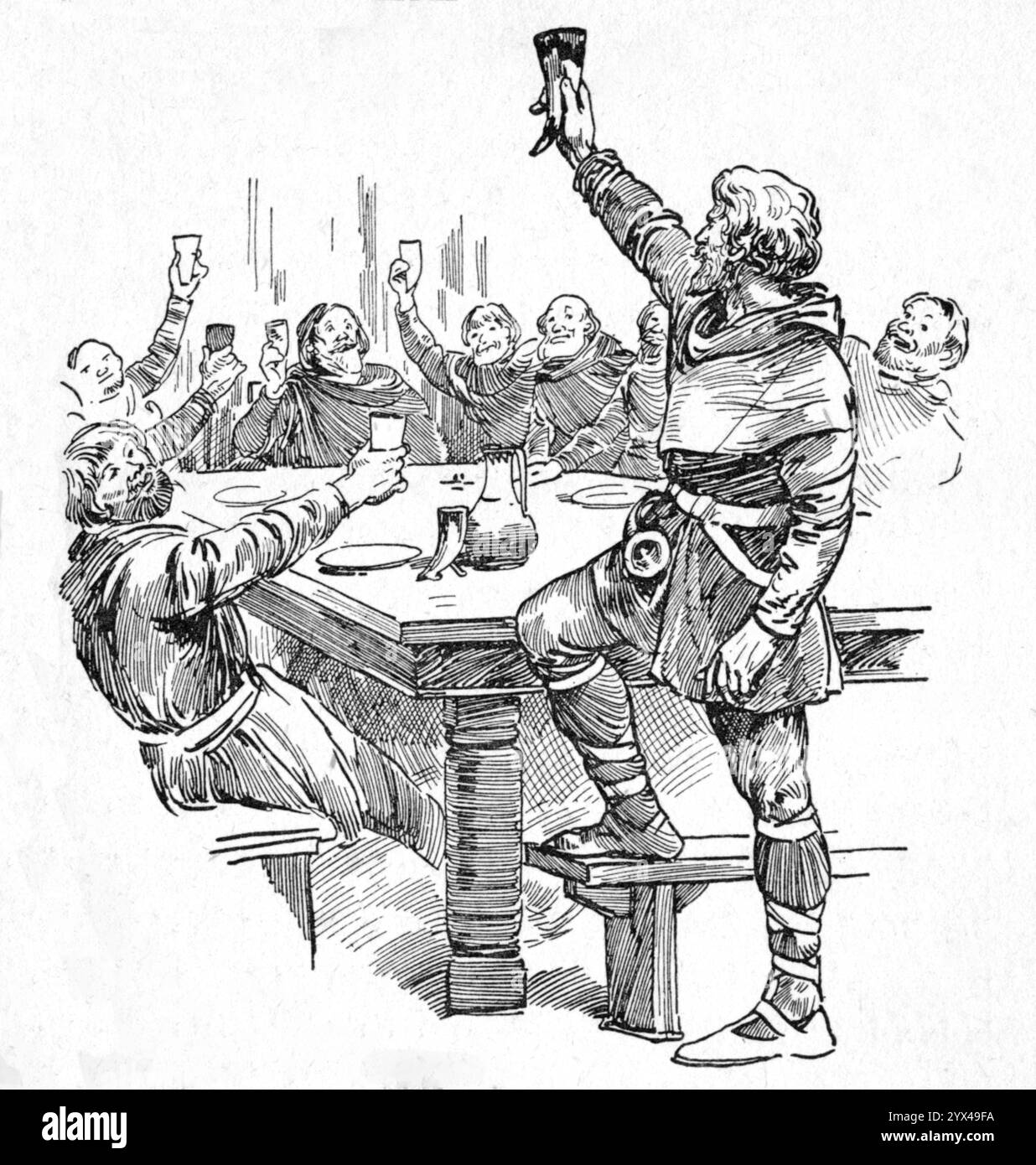 « Mangez, buvez et soyez joyeux ! », 1932. « Comme il était de coutume les jours de marché pour les bouchers de se faire servir leurs repas en commun - chaque homme payant son propre score - dans une pièce de la maison du shérif [de Nottingham], Robin s'est retrouvé assis là à une longue table en tant qu'invité d'honneur, à son amusement secret. Le shérif était assis à la tête de la table, encourageant ses visiteurs à passer autour du vin... le hors-la-loi était la vie et l'âme du parti. Mangez, buvez et soyez joyeux, mes frères, cria-t-il, car je paierai le compte. De "Robin des bois et sa vie dans le joyeux Greenwo Banque D'Images