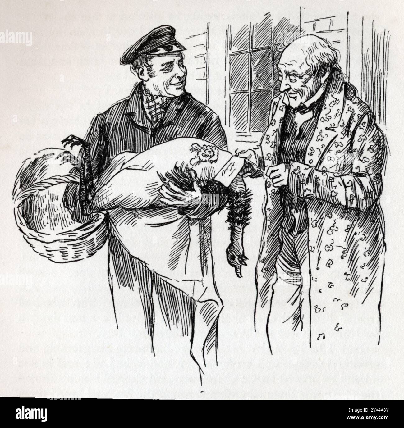 Une dinde pour Tiny Tim, c1900. Scène tirée du roman de Charles Dickens "A Christmas Carol" : Scrooge ordonne à une dinde d'être emmenée dans la maison de Tim, une dinde si grande que l'homme qui l'a prise a dû aller dans un taxi. Extrait de "Stories of Children from Dickens", raconté par sa petite-fille Mary Angela Dickens et d'autres, avec une introduction de Percy Fitzgerald, illustrée par Harold Copping, [Raphael Tuck &amp ; sons Ltd, Londres, c1900] Banque D'Images