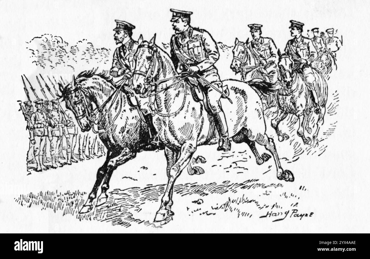"H.M. the King and Lord Kitchener inspectant l'armée nouvellement levée", c1929. "Quand, en 1914, éclata sur l'Angleterre cet "ouragan de destruction et de haine qui balaya le calme hors du monde", quand le Kaiser plongea toute l'Europe et la civilisation dans le creuset, c'était Lord Kitchener, massif, impénétrable, quadruple, vers lequel ses compatriotes se tournèrent presque unanimement". Forces britanniques au début de la première Guerre mondiale. Extrait de "Heroic Deeds of Great Men", de C. Sheridan Jones et Alfred Miles, illustré par Howard Davie et Harry Payne [Raphael Tuck &amp ; fils Banque D'Images
