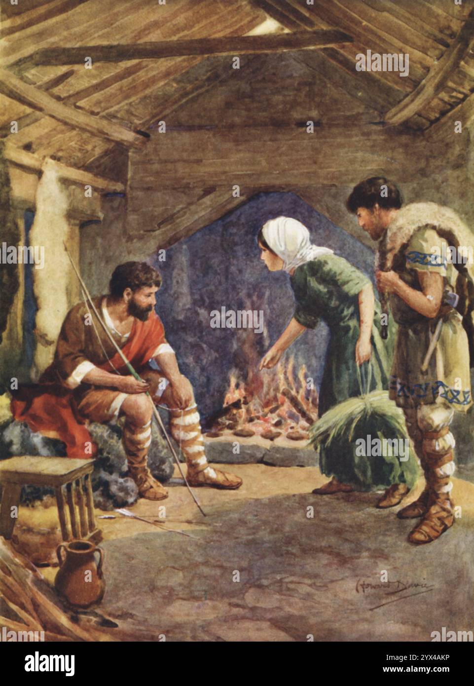 Alfred le Grand dans la maison de Neat-Herd', 1925. Le roi Alfred brûle accidentellement quelques gâteaux alors qu'il est préoccupé par les problèmes de son Royaume. Illustration d'un tableau de cire à Madame Tussauds, musée de cire fondé à Londres en 1835 par la sculptrice française Marie Tussaud. Extrait de "Madame Tussaud : The Palace of Enchantment" décrit par le capitaine Edric Vredenburg, illustré par Howard Davie, [Raphael Tuck &amp ; sons Ltd, Londres, 1925] Banque D'Images