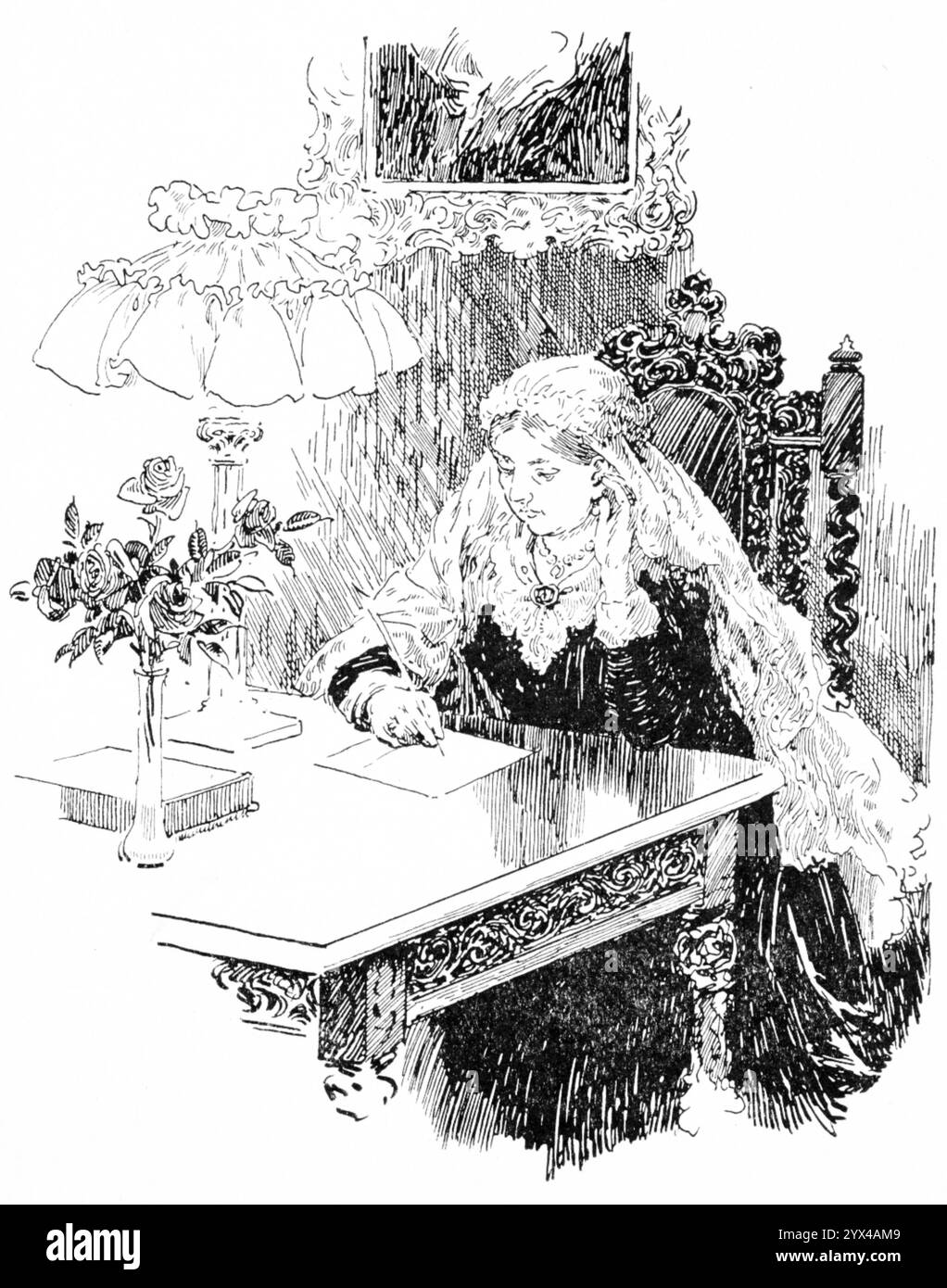 Queen Victoria in Her Study, 1925. Illustration d'une figure de cire à Madame Tussauds, musée de cire fondé à Londres en 1835 par la sculptrice française Marie Tussaud. '...un beau tableau, l'un des plus charmants de l'exposition. Vous voyez sa Majesté assise à une table, écrivant à la lumière d'une lampe. Cette charmante dame, reine de Grande-Bretagne et d'Irlande, est montée sur le trône en 1837 et est morte en 1901, après avoir régné plus longtemps que tout autre souverain britannique. Son règne doit être considéré comme le plus glorieux de l'histoire britannique ». De "Madame Tussaud : le Palais de l'enchantement" décrire Banque D'Images