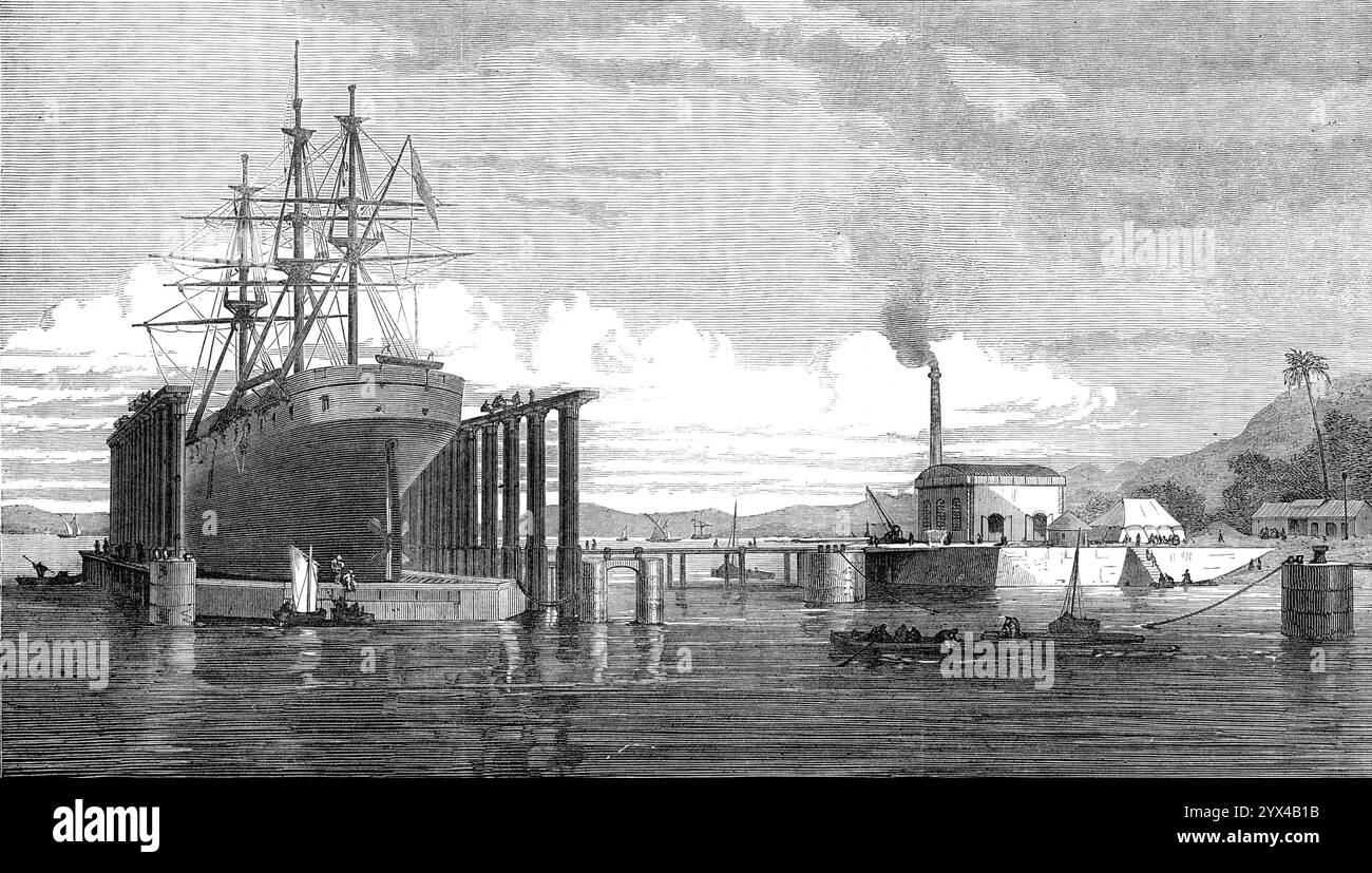 Le quai de grattage hydraulique, port de Bombay, 1872. Le nouveau quai flottant sur Hog Island, à la tête du port de Bombay, a été ouvert le 16 septembre... il se trouve à une profondeur d'environ 50 pieds. à 60 pieds, à basse eau, avec une montée et une descente de 15 pieds. Deux rangées de piliers en fonte, au nombre de trente-six en tout, dix-huit de chaque côté, ont été dressées, suffisamment en étendue longitudinale, pour accueillir un navire de 400 pieds. en longueur, et suffisamment large, transversalement, pour admettre une largeur de poutre correspondante. Les piliers sont reliés en haut longitudinalement, mais pas transversalement, avec des poutres, Banque D'Images