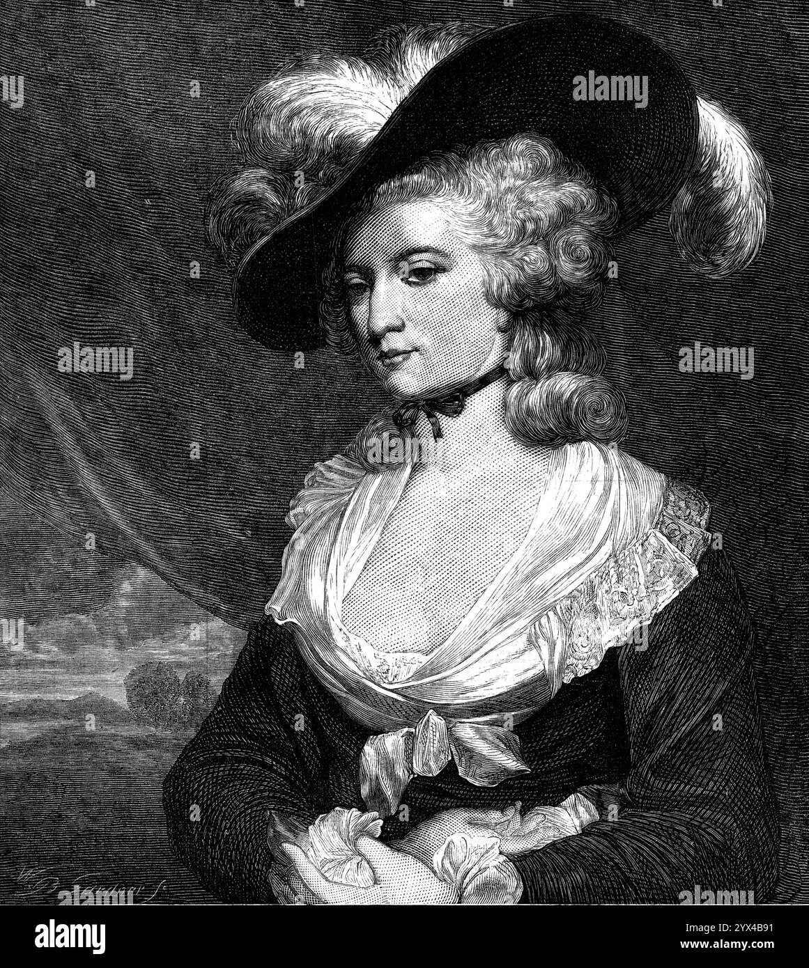 Portrait de MRS Robinson, par Sir Joshua Reynolds, 1872. Gravure d'un tableau. '...bien que son sujet soit une jolie femme habillée à la manière d'il y a quatre-vingt-dix ans, elle était une dont le comportement ne méritait pas une telle commémoration. Mary Darby Robinson, born...in 1758 ans, était mariée, à l'âge de quinze ans, à un avocat malhonnête et provocateur... lorsque son mari l'a désertée, elle est montée sur scène, encouragée par Garrick et patronnée par la duchesse de Devonshire. Sa performance de Perdita, dans "The Winter's Tale", a attiré l'attention pour sa beauté, et elle était libre Banque D'Images