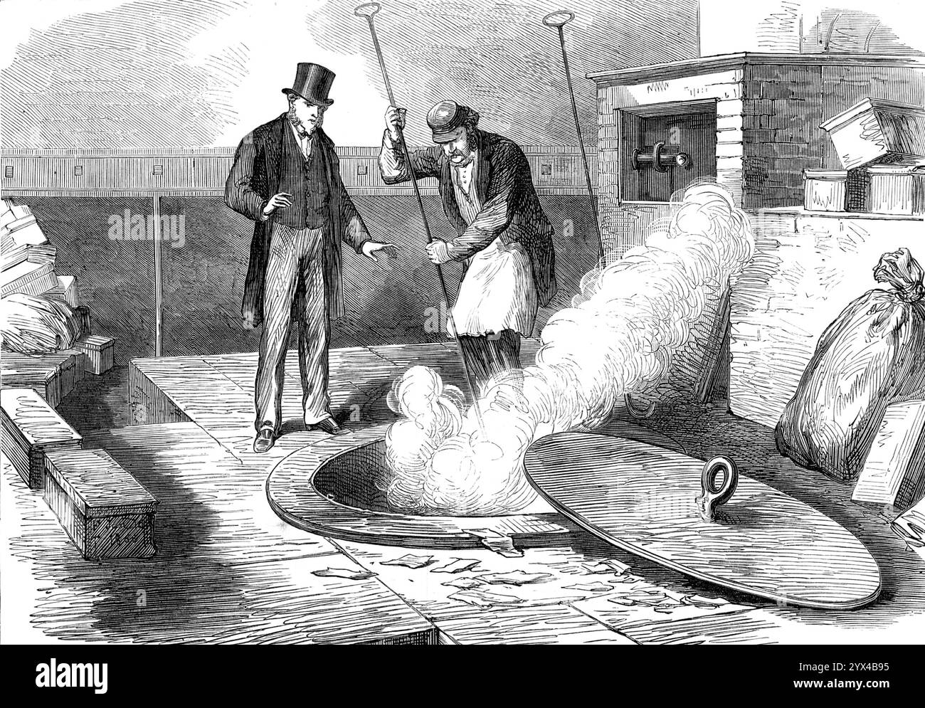 Sketches in the Bank of England [in the City of London] : Burning Returned Bank-billets, 1872. 'Les billets de banque une fois émis alors qu'ils retrouvent leur chemin à la Banque, sont annulés et retirés de la circulation, tandis que de nouveaux billets sont créés pour approvisionner leur place. À certaines périodes, les anciennes notes sont détruites par brûlage, processus qui fait l’objet de notre illustration. Les comptes du Département bancaire, en ce qui concerne la réception des fonds déposés par le gouvernement ou des clients privés, l'activité de la dette nationale, et l'escompte des factures, sont tenus entièrement séparés du I. Banque D'Images