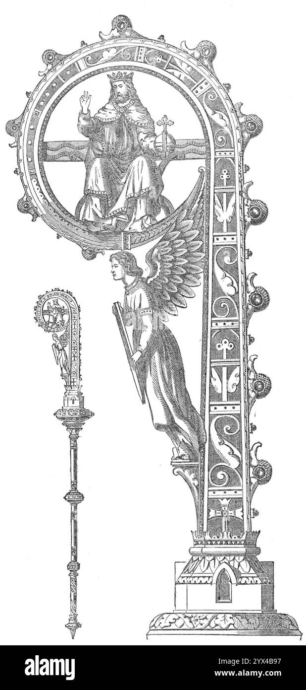 Personnel pastoral donné à l'évêque de Hereford, 1872. « Le clergé et les laïcs du diocèse de Hereford ont récemment présenté une équipe pastorale à leur évêque, le révérend Dr James Atlay. Le personnel, qui a été fait par MM. Cox et sons, et exposé à l'exposition internationale, est taillé dans un morceau de chêne qui formait l'un des piliers de la résidence épiscopale de Hereford, construite vers l'an 1180. Il est supposé que l'arbre dont ce bâton est fait a dû grandir longtemps avant la conquête normande, et peut-être quand le Siège a été rétabli par le Putta ier prélat saxon Banque D'Images