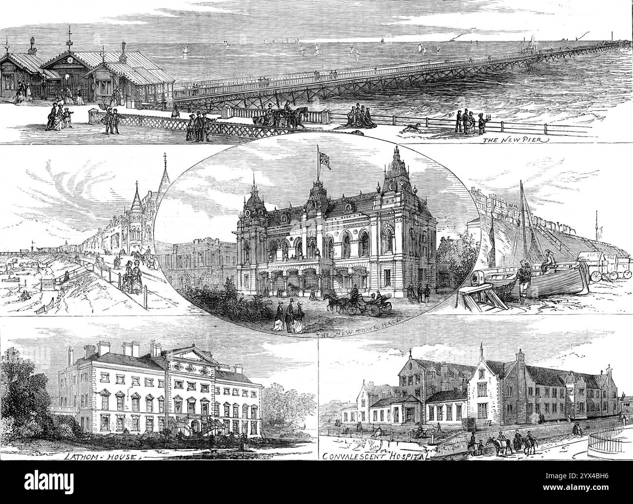 Croquis à Southport, Lancashire, 1872. 'La nouvelle jetée ; le nouvel hôtel de ville ; la maison Lathom ; l'hôpital de convalescence... la ville a été améliorée par la construction de plusieurs beaux bâtiments et travaux d'utilité spéciale, qui sont les sujets d'un groupe de gravures dans le papier de cette semaine. Ceux-ci représentent le Townhall, qui est majestueux et beau ; le Pier, 1465 mètres de long, et similaire à ceux récemment érigés par Mr. E. Birch à d'autres abreuvoirs à la mode ; la Promenade, ou Marine Parade, sur un remblai surélevé le long du bord de mer, qui doit maintenant être allongé ; et le convalescent Ho Banque D'Images
