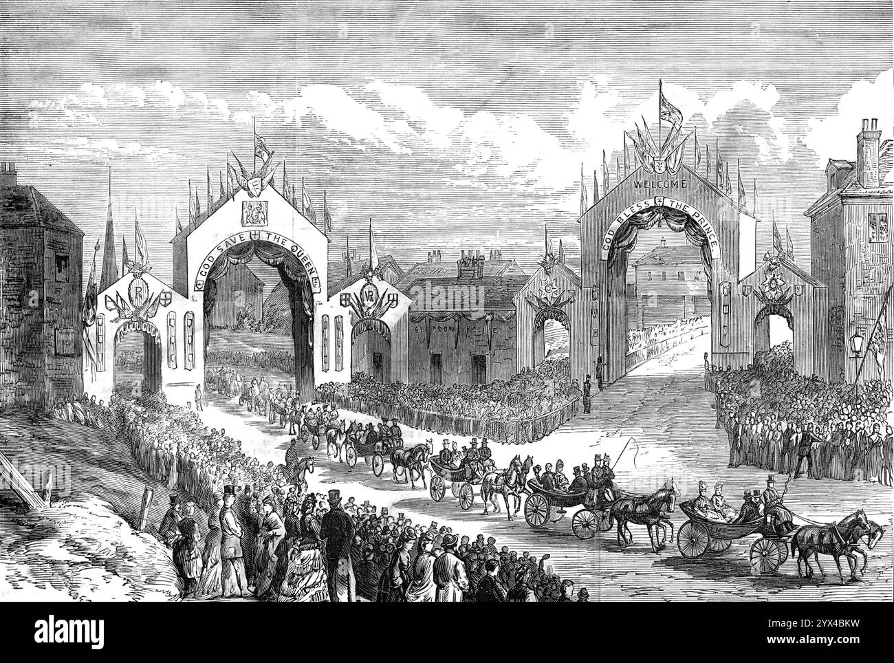 Prince Arthur à Leeds : procession à la jonction des routes Chapeltown et Roundhay Park, 1872. La procession à Roundhay Park était «... dirigée par les Oddfellows et d'autres sociétés de bienfaisance... puis vint une escorte militaire et les fonctionnaires de l'arrondissement, suivis par les membres du Parlement, les juges, l'évêque, le maire de York et d'autres maires, l'envoyé du roi de Burmah, et les membres de la société, le haut shérif et le maire [John Barran]... lorsque son Altesse Royale est apparue en vue, il y a eu un éclat d'acclamé d'acclameur. Le long de la première partie de l'itinéraire, th Banque D'Images