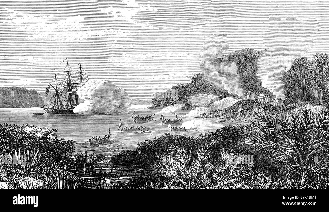 Destruction d'un bastion de pirates à Sulu par H.M.S. Nassau, 1872. Conflit '...in L'archipel de Sulu, entre Bornéo et les îles Philippines... le Nassau... était de engaged...in l'étude du port de Dalrymple quand l'équipage de son bateau à terre a été soudainement attaqué par un grand et bien armé groupe d'indigènes. Ils se sont précipités farouchement sur nos hommes d'une embuscade, tirant plusieurs mousquets et lançant de longues lances sur eux... quelques grands prahus appartenant aux indigènes ont été détenus par les Nassau...[et] ont été trouvés armés de longs fusils en laiton, et... d'autres armes et outils piratiques warfare...it Banque D'Images