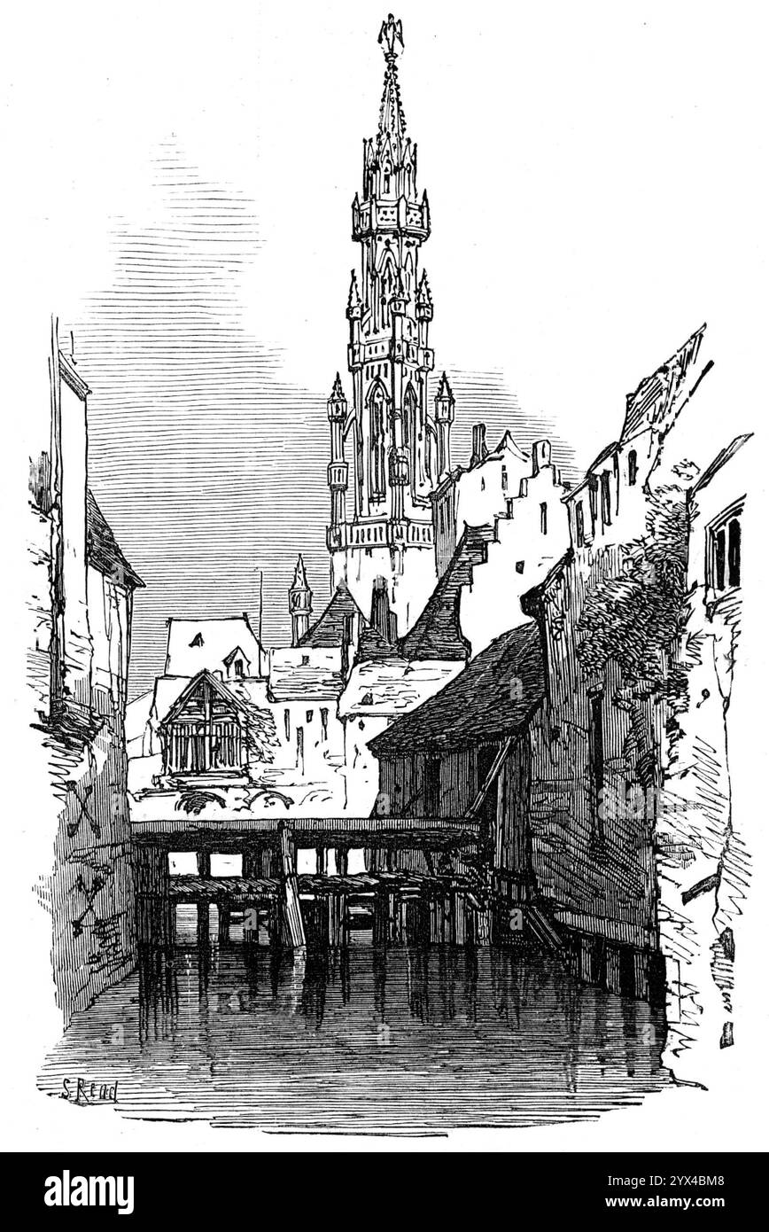 Sur la Senne, Bruxelles, 1872. La ville, qui a une population de plus de 300 000 habitants, y compris sa banlieue, est divisée en la haute, ou Nouvelle ville, et la basse, ou vieille ville, étant en partie construite sur une colline, 220 pieds. Au-dessus du niveau de la mer, en partie sur un terrain plat, à travers lequel serpente son cours une petite rivière boueuse, appelée la Senne… L’Hôtel de ville, ou Hôtel de ville, un bel empilement de bâtisse lombardo-gothique, a été érigé au début du XVe siècle. Sa tour et sa flèche, 360 pieds. En hauteur, surmontés d'une figure de cuivre doré de membre Michael Conquiering the Dragon, ont été construits par Jan van Ruysbroe Banque D'Images