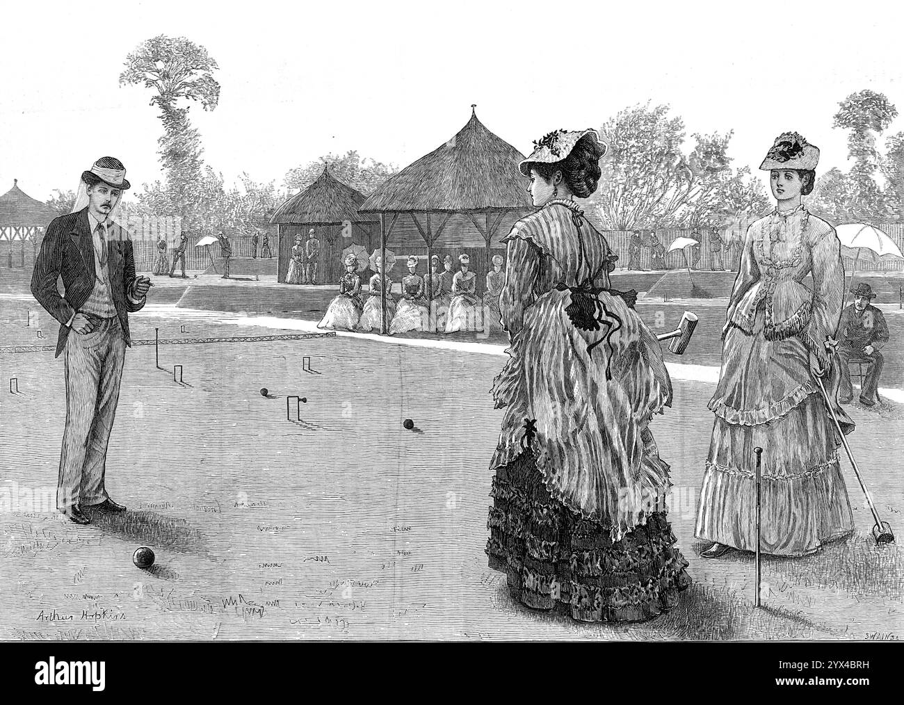 Le dernier match de croquet de la saison, 1872. 'L'été est agréable, quand le soleil brille légèrement, et la pelouse herbeuse est un tapis lisse de vert vivant. Le croquet est très agréable si l'on est un jeune homme ou une jeune femme... avec un penchant doux pour la compagnie de l'autre, avec un degré égal de compétence et de goût pour ce joli passe-temps en plein air... maintenant que nous regardons plus attentivement... nous percevons que ce n'est pas le terrain de plaisir d'un manoir privé, mais le terrain bien entretenu à Wimbledon, appartenant au All England Croquet Club... Nonobstant cette publicité comparative de la situation, t Banque D'Images