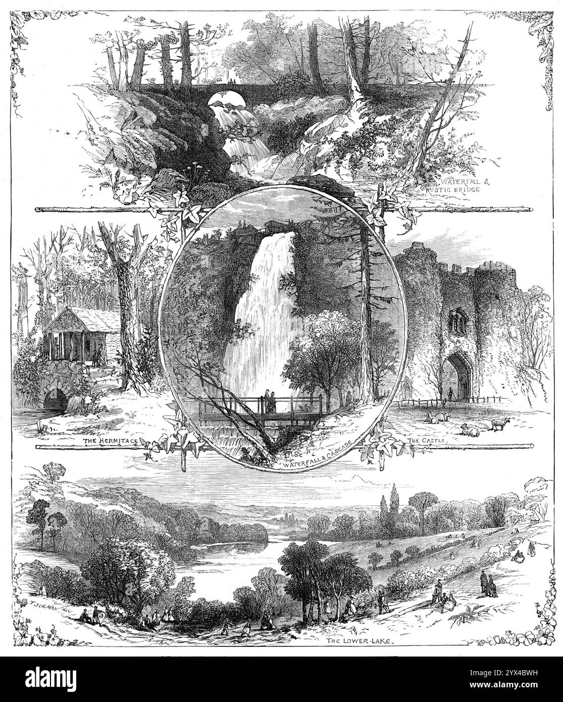 Croquis à Roundhay Park, Leeds ; ouvert cette semaine par Prince Arthur, 1872. 'Cascade et pont rustique ; l'Hermitage ; Cascade & amp ; Cascade ; le château; le lac inférieur...[vues de] quelques-unes des scènes les plus pittoresques et invitantes dans le nouveau terrain de plaisance public... Roundhay Park, qui a été acheté pour £139,000... est accessible par chemin de fer ; et c'est certainement un très bel endroit, bien hors de la fumée bruyante et hideuse d'usine... le lac Waterloo, près de trois quarts de mille de long..., avec une étendue de trente-trois acres, a été terminé en 1815, à la date de la bataille de Banque D'Images