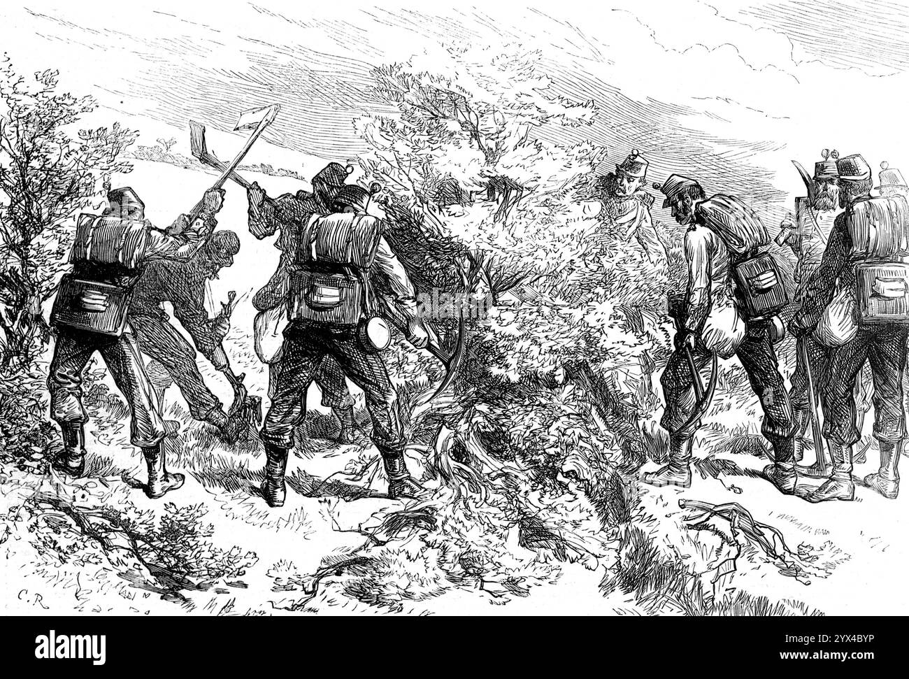 La campagne d'automne : les pionniers au front, 1872. « Nous continuons la série de nos illustrations des manœuvres [de l'armée britannique] effectuées dans le Wiltshire par les deux divisions de troupes régulières, de milices et de volontaires, chacune forte de près de 15 000 hommes, sous les ordres respectivement du général Sir Robert Walpole et du général Sir John Michel. Le premier, dont la force est appelée l'armée du Nord, ou l'armée de défense, avait déménagé de son quartier général tardif à Pewsey pour rencontrer le second, dont l'armée du Sud, représentant celle d'un envahisseur étranger, avait marché vers le haut de Blandford, donc t Banque D'Images