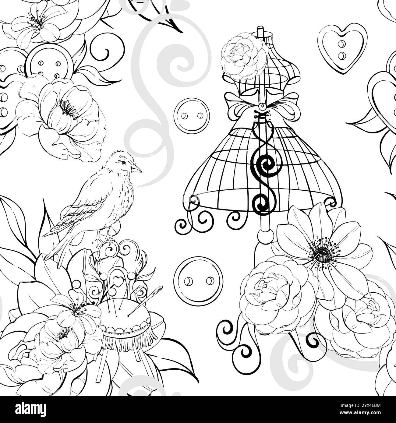 Mannequin vintage avec oiseau victorien et boucle. Arrangement floral et outils de couture - boutons, aiguilles, ciseaux. Ancienne mode, couturière sans couture Illustration de Vecteur