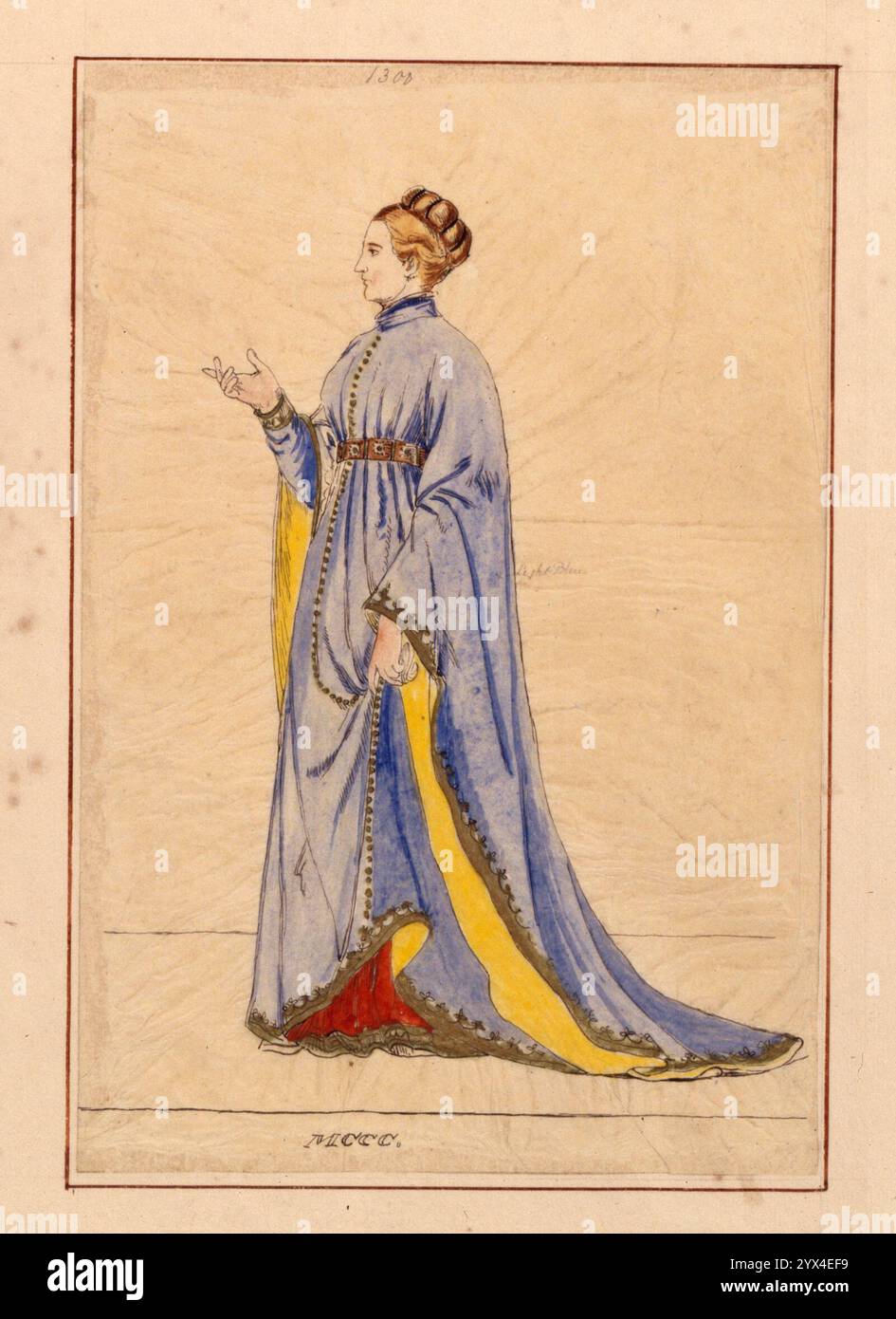 Trace d'une dame florentine médiévale, avant 1849. Extrait du costume historique de Camille Bonnard, pré-1849. Banque D'Images