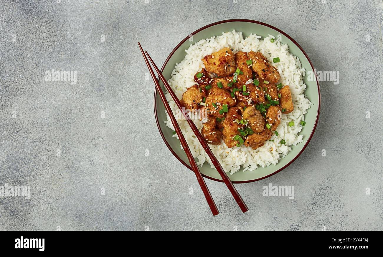 Poulet teriyaki frit avec riz, oignon vert et sésame, fait maison, pas de gens Banque D'Images