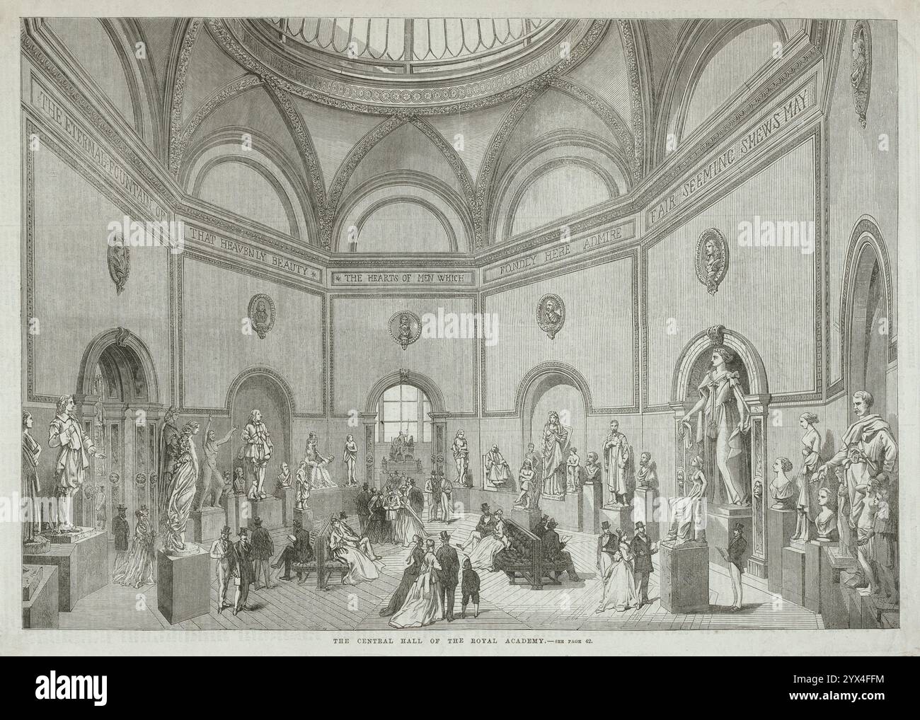 Salle centrale de l'Académie royale, 10 juillet 1869. Intérieur de Burlington House à Londres. Au-dessous du dôme se trouve une citation du poème d'Edmund Spenser, "an Hymn of Heavenly Beauty" : "avec la gloire de la vue si bonne, les cœurs des hommes, qui admirent affectueusement ici, les beaux moutons, et se nourrissent de vains délices, transportés avec le désir céleste, de ces formes justes, peuvent s'élever plus haut, et apprendre à aimer, avec zèle humble devoir, la beauté éternelle de cette fontaine céleste. Extrait de "The Illustrated London News", [10 juillet 1869]. Banque D'Images