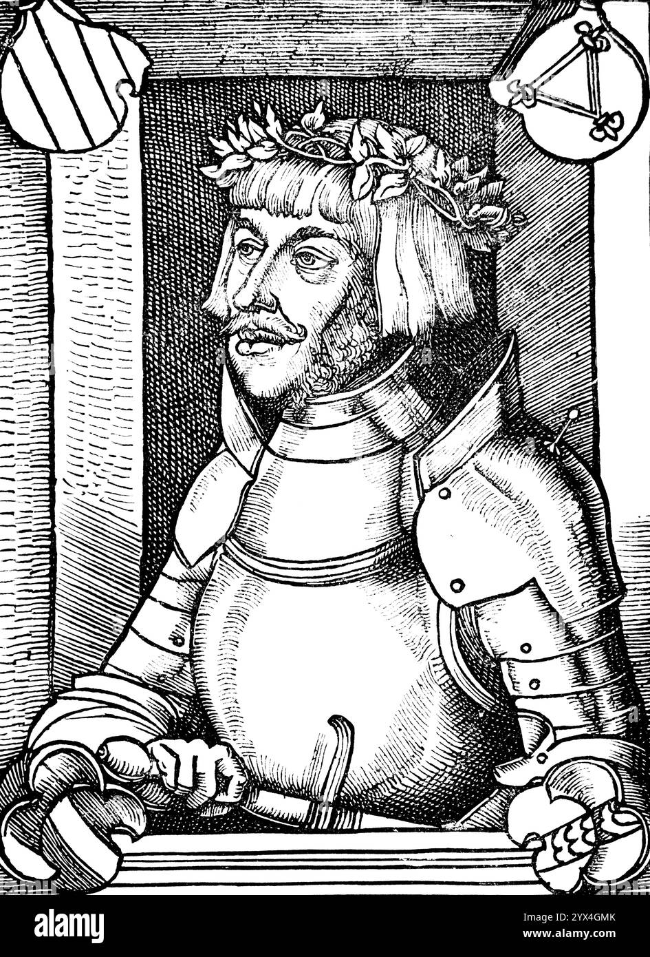 Portrait d'Ulrich von Hutten (1488-1523) avec armoiries ancestrales et armure de chevalier, d'après une gravure sur bois, noblesse franconienne, château de Steckelberg, S. Banque D'Images