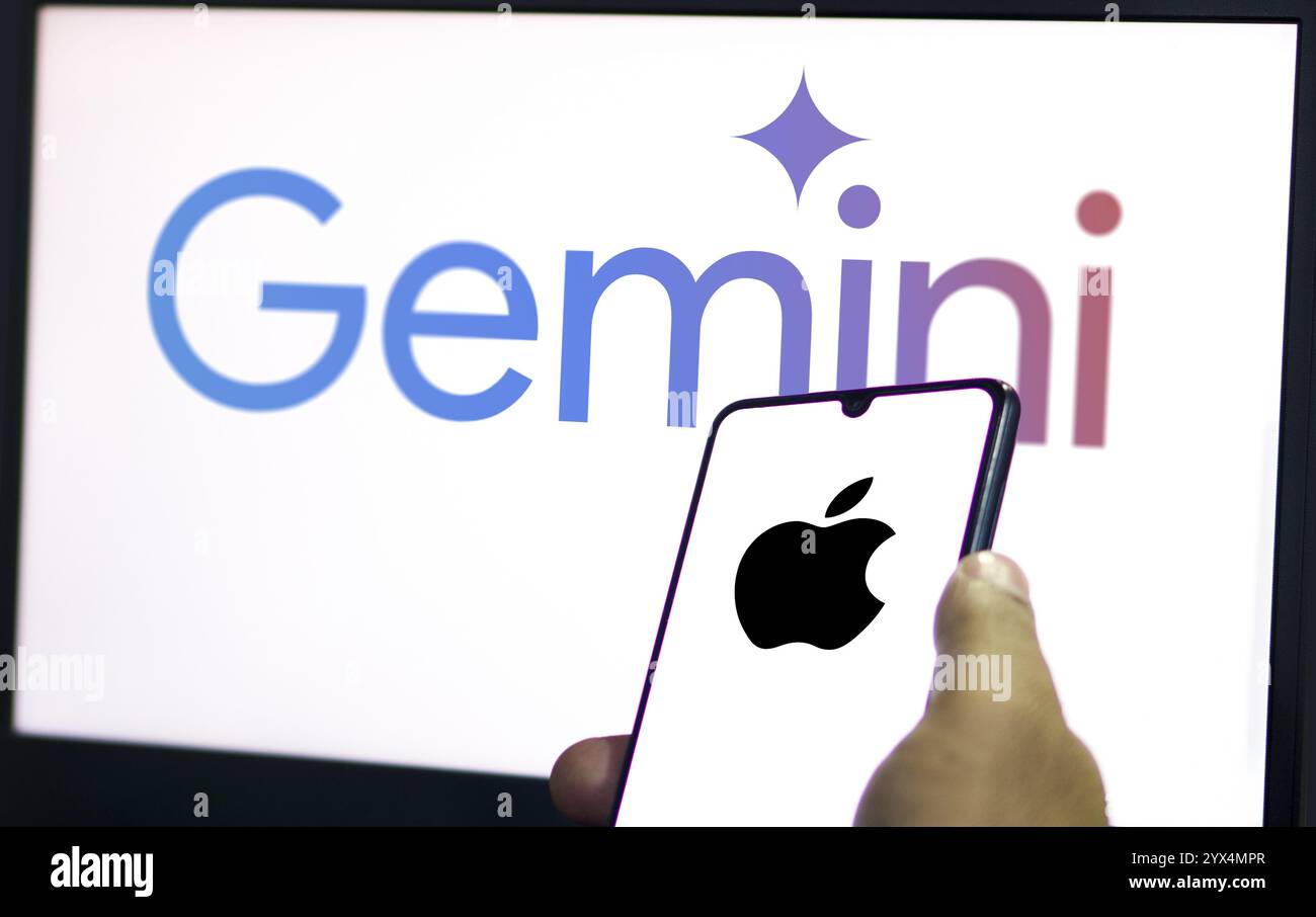 Logo Google Gemini ai avec Apple . Banque D'Images