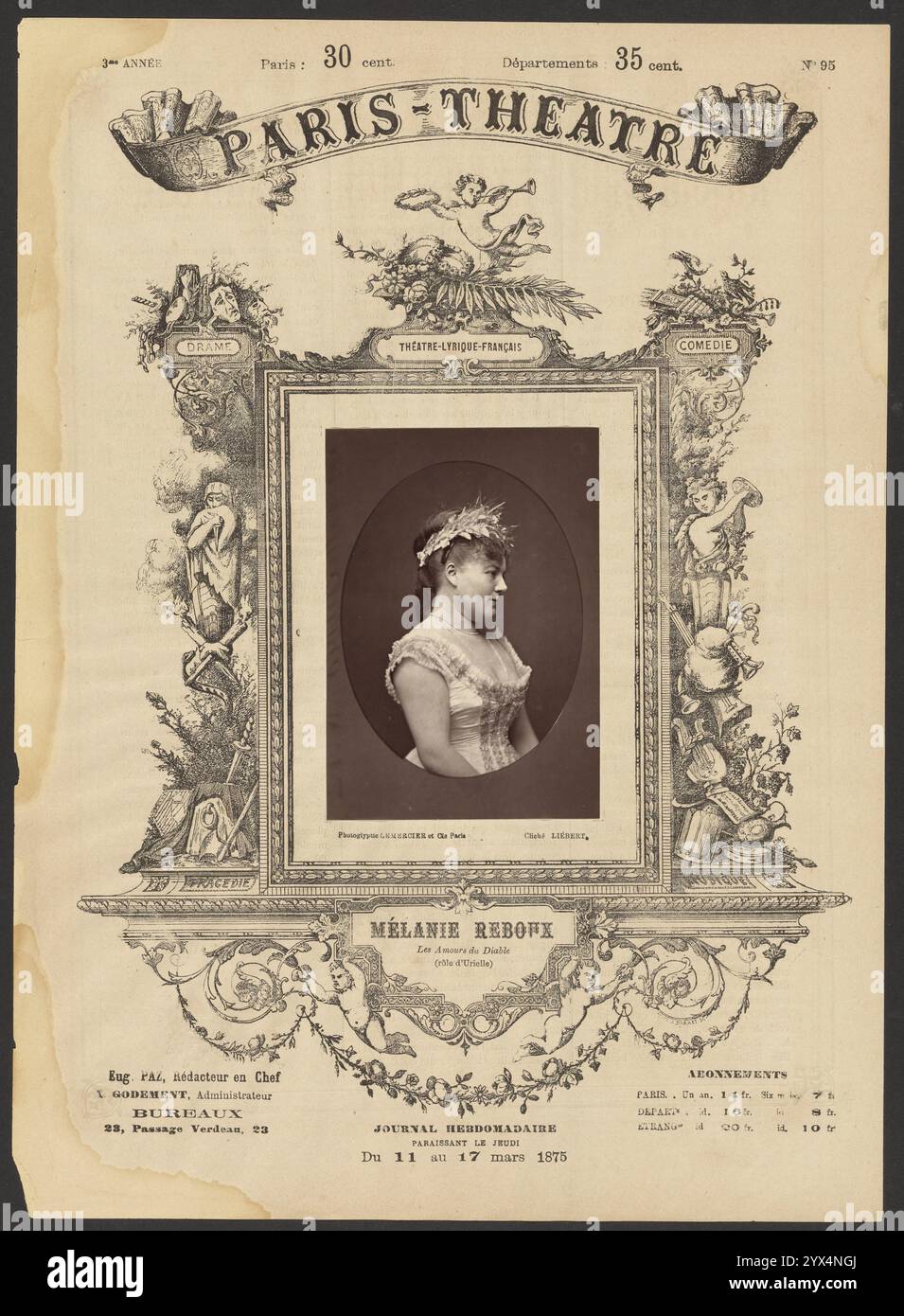 Théâtre de Paris : Melanie Reboux, 1875. Feuille publicitaire pour le Théâtre de Paris avec un portrait de Mélanie Reboux, qui porte une robe blanche et une couronne florale. Banque D'Images